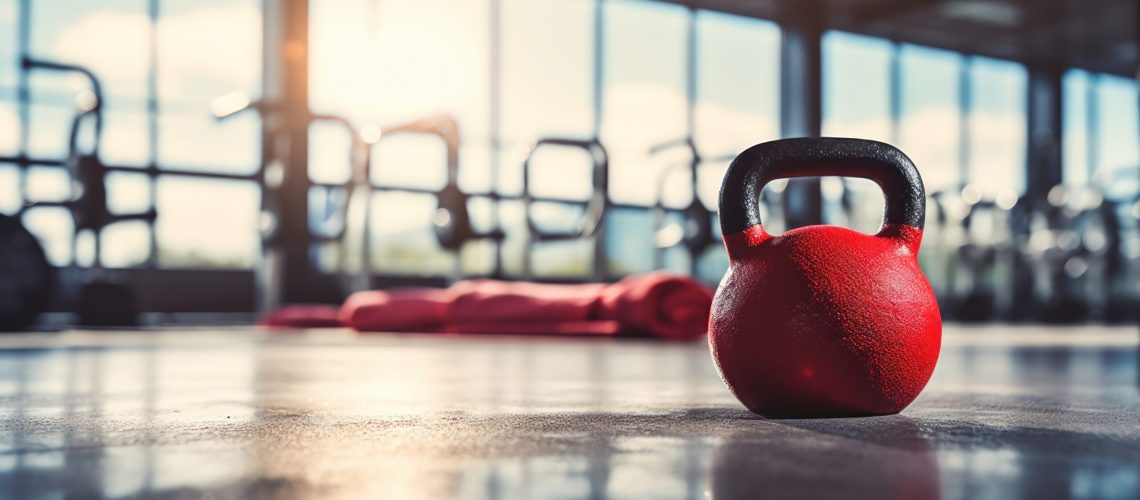 Kettlebell and towel close-up, gym scene behind.